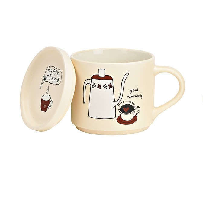 Teebecher mit Deckel aus Porzellan in creme good morning
