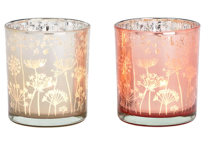 Windlicht aus Glas mit Blumen Design in Rosa oder Creme - 2er Set - klein