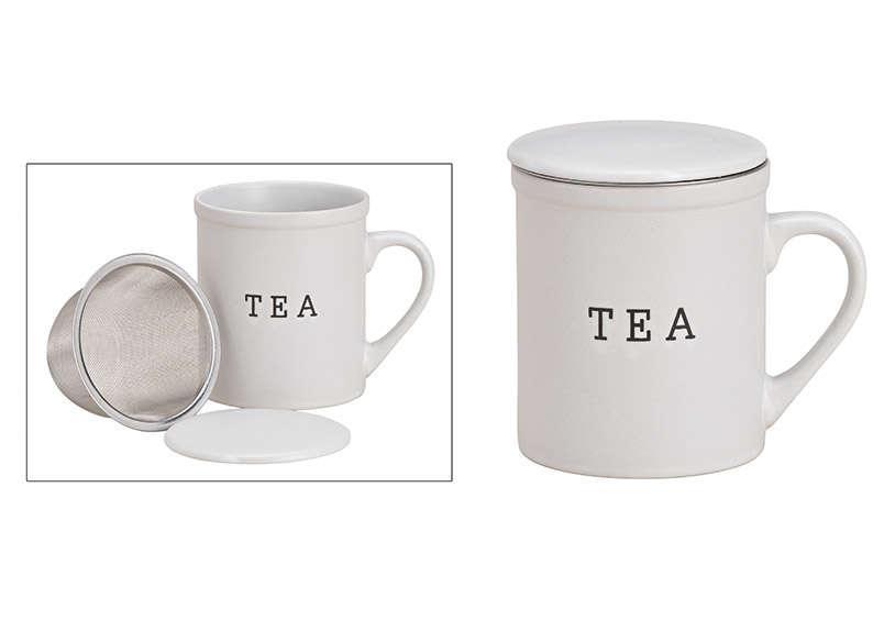 Teebecher TEA mit Metall Sieb aus Keramik Weiss