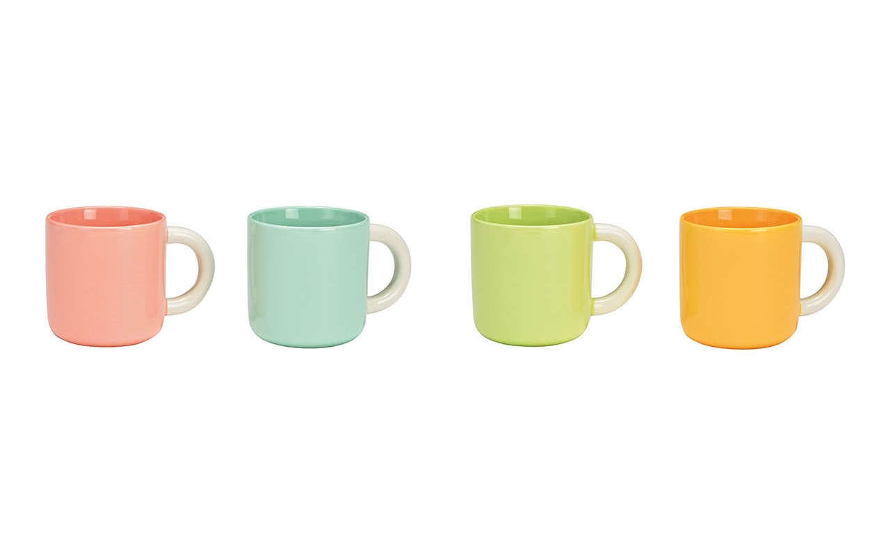 Becher Bunt aus Porzellan 4-fach rosa, gruen, blau, orange