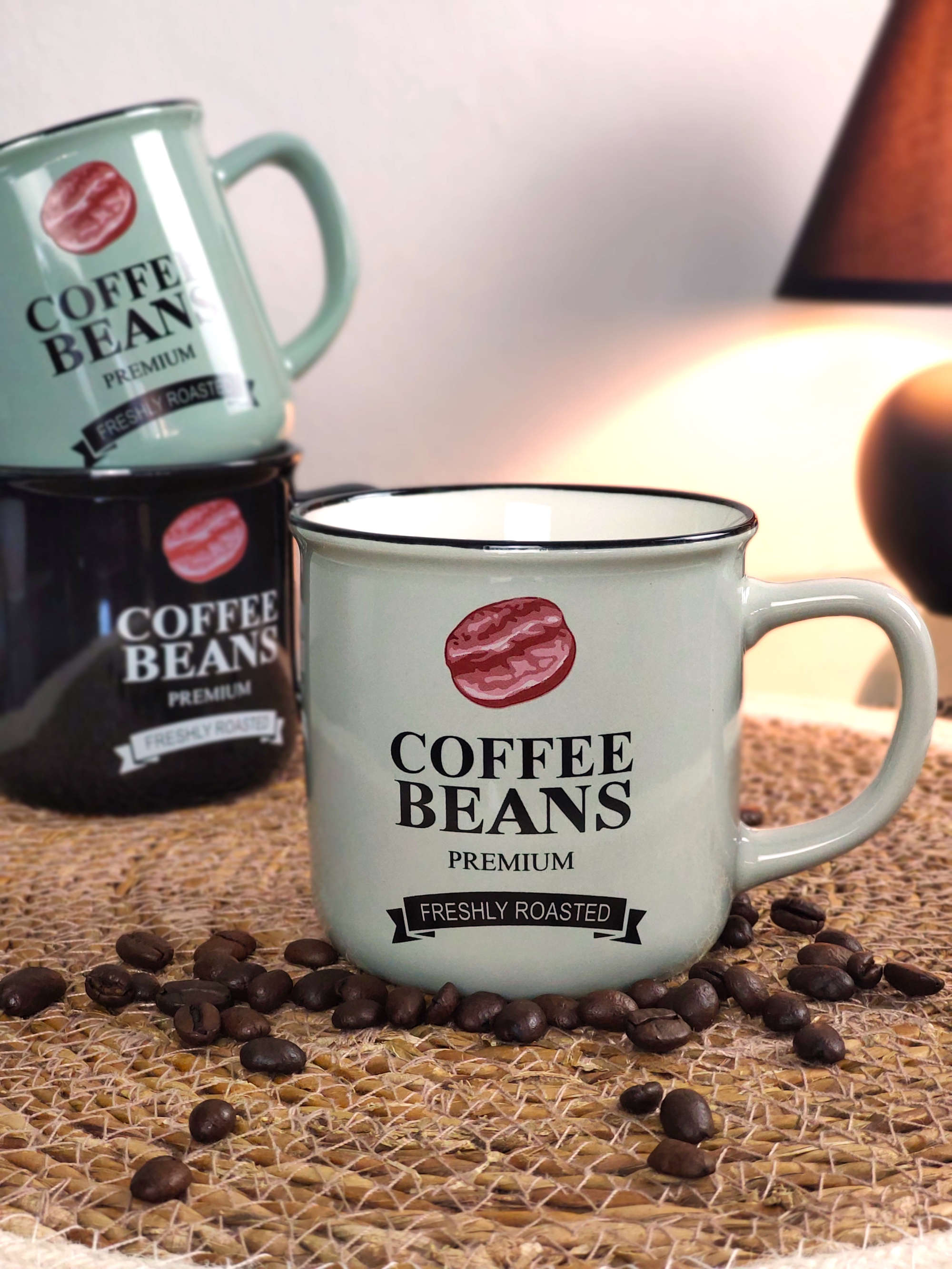 Porzellan Becher mit Schrift Coffee Beans Grau