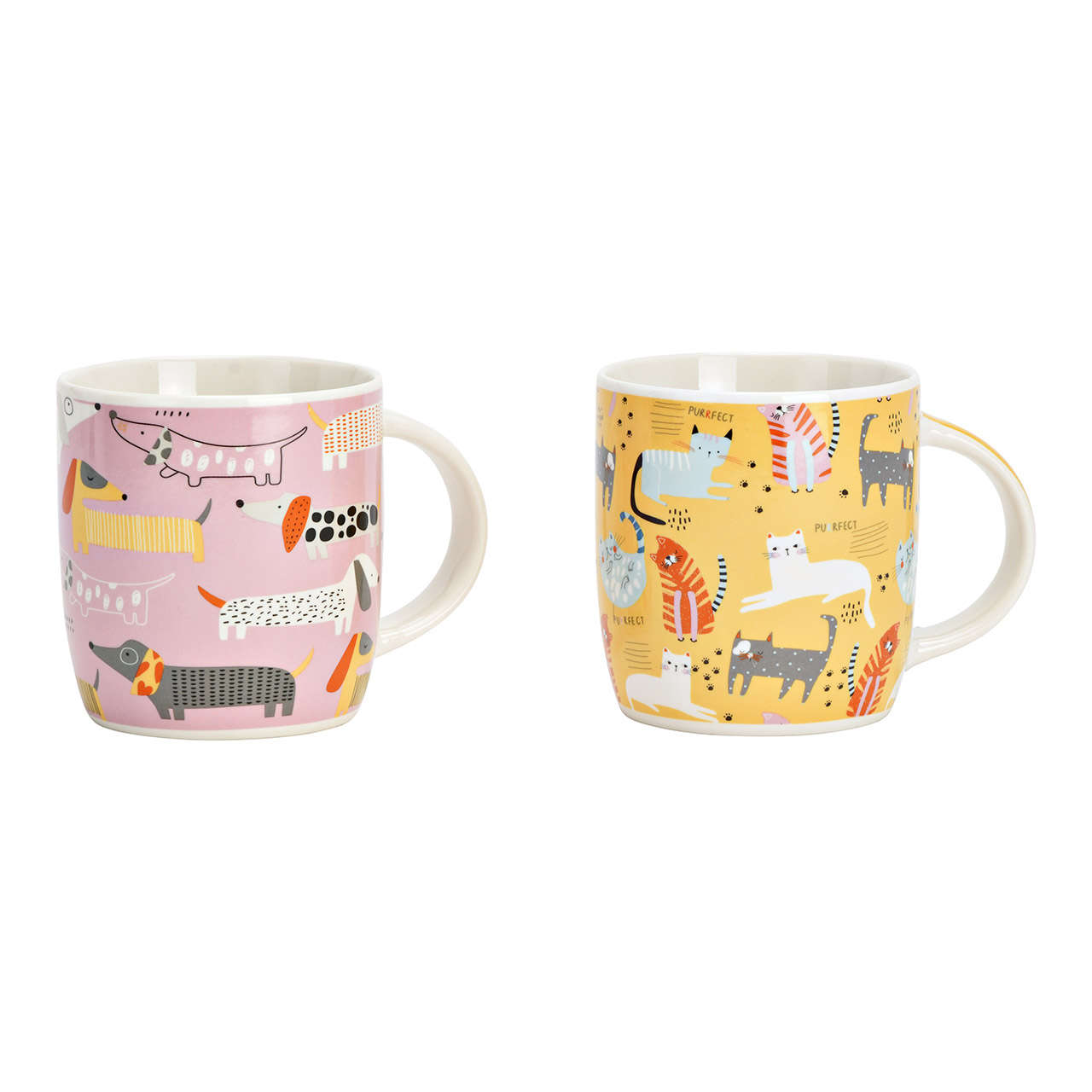 Becher aus Porzellan mit Katzen und Hunde Motiv in Rosa und Gelb