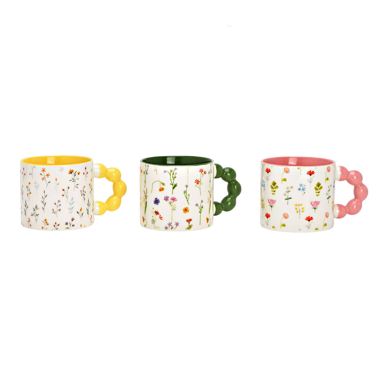 Becher aus Porzellan mit Perlengriff in Gruen, Rosa und Gelb