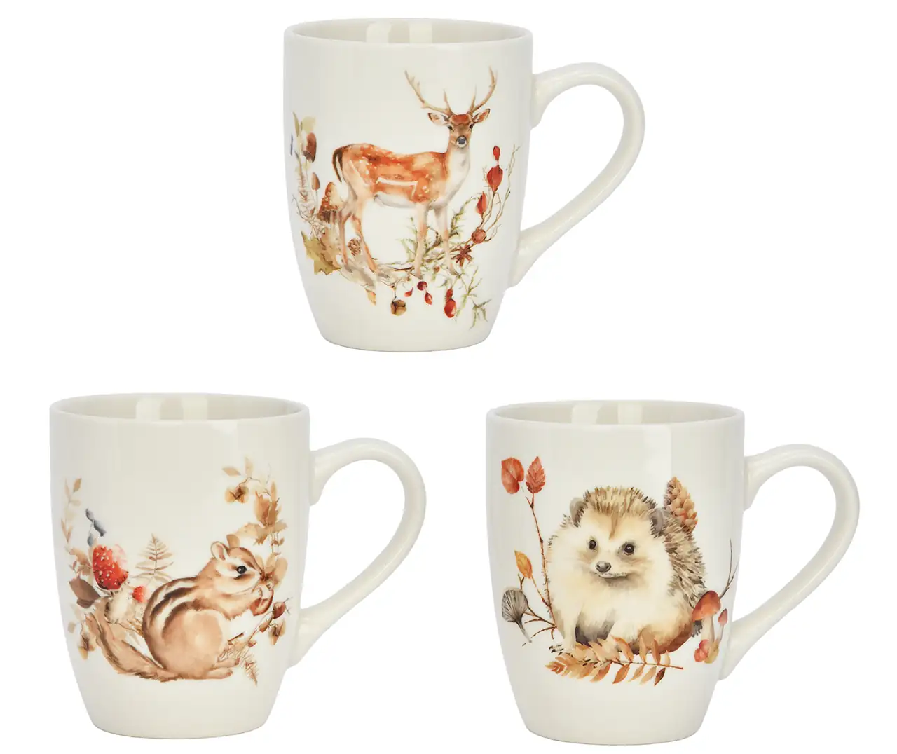 Becher mit Igel, Hirsch und Eichhörnchen Motiv 3er Set