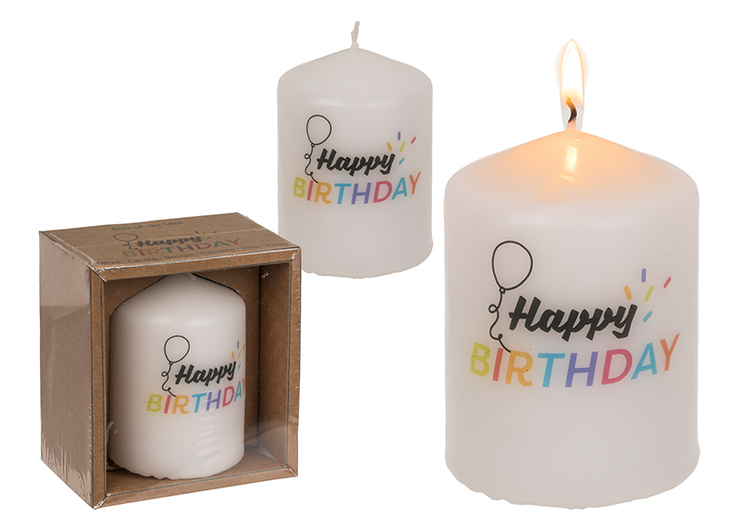 Happy Birthday weisse Stumpenkerze