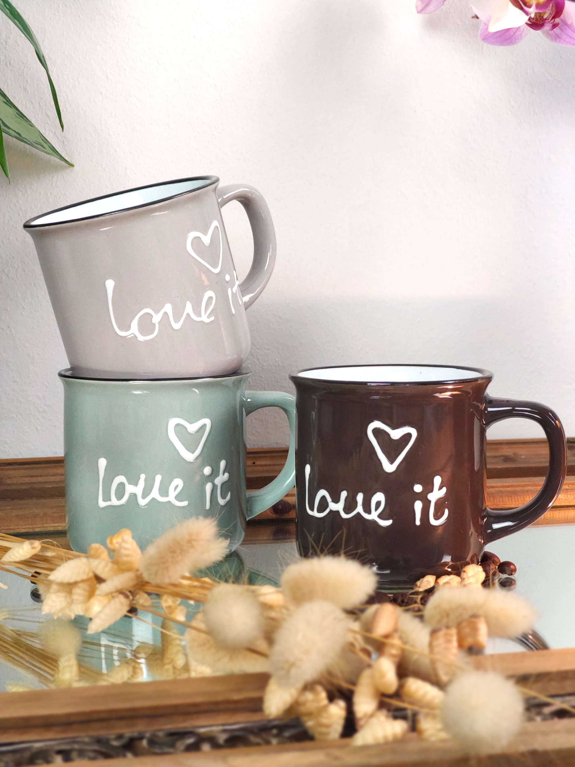 Becher Set Keramik Love it mit Dekoration