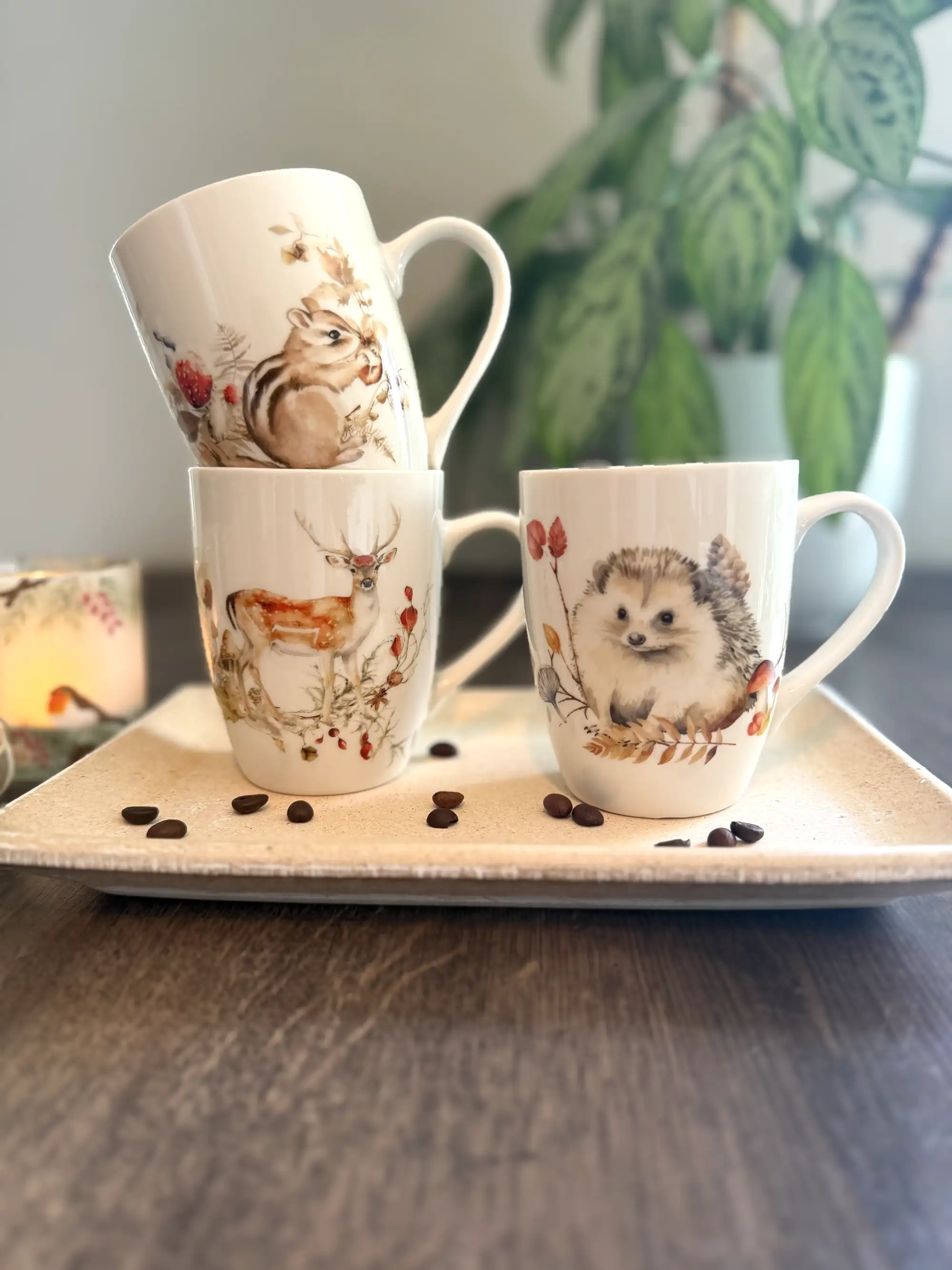 Becher mit Igel, Hirsch und Eichhörnchen Motiv 3er Set