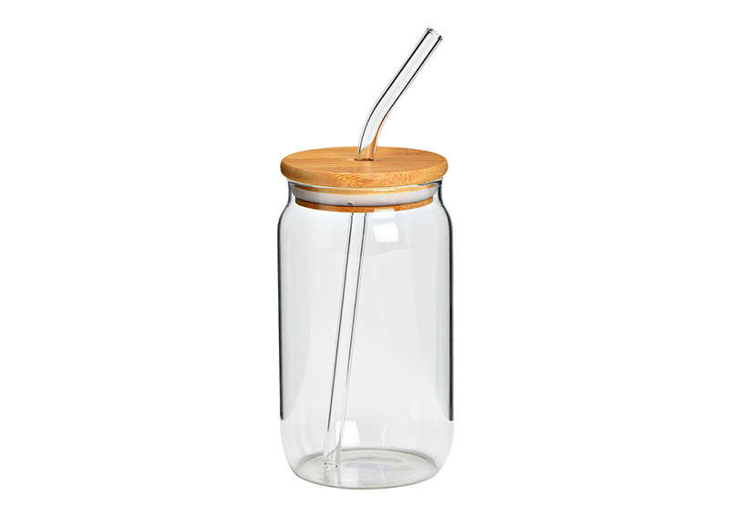 Trinkglas mit Bambusdeckel und Glasstrohhalm 470ml