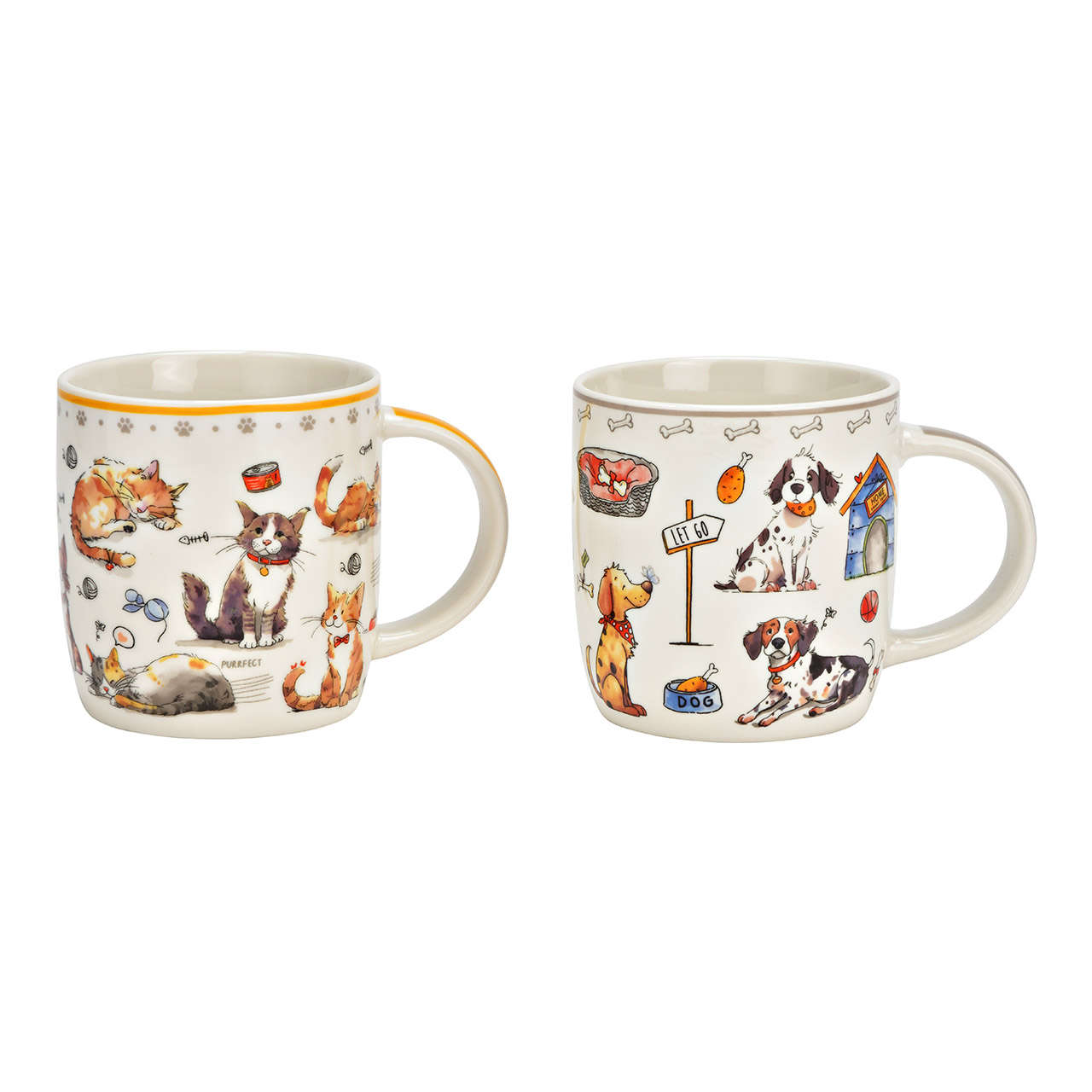 Becher aus Porzellan mit Hund und Katzen Motiv