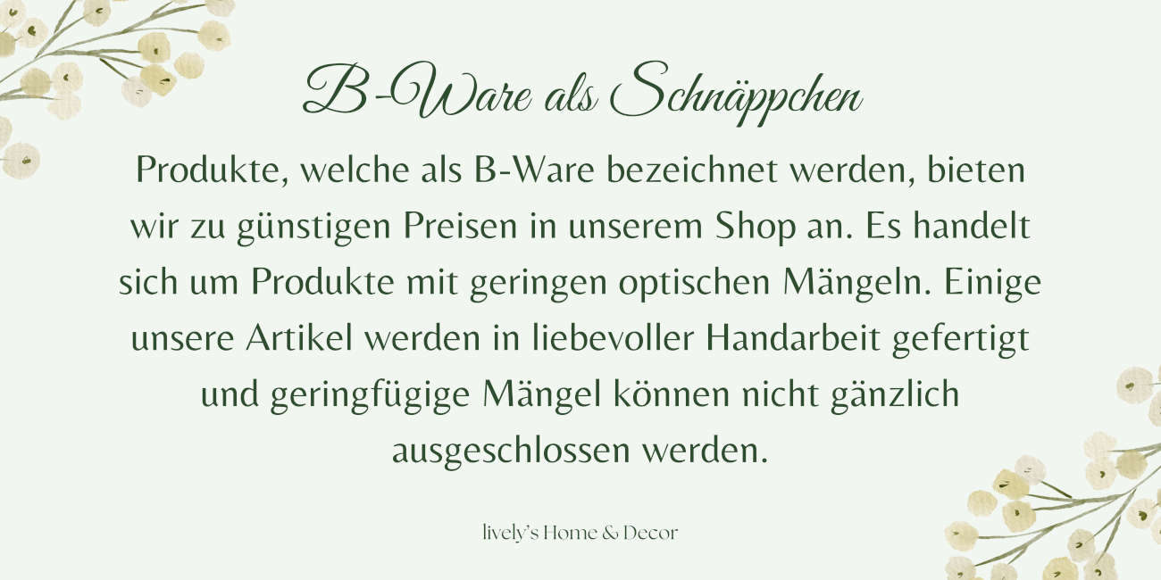 Grünes Bild mit Blumen und Schrift B-Ware als Schäppchen