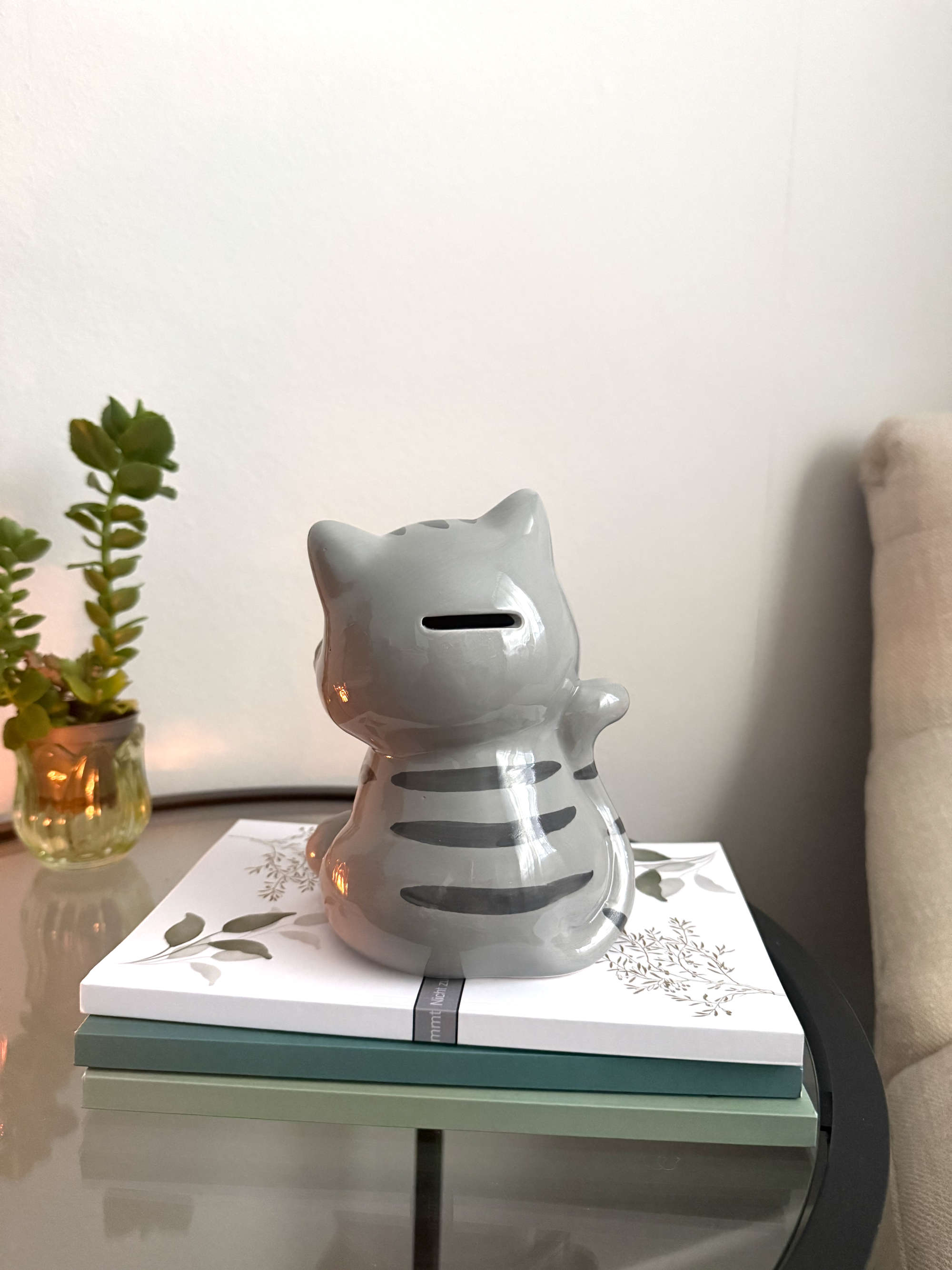 Spardose aus Keramik Katze Grau