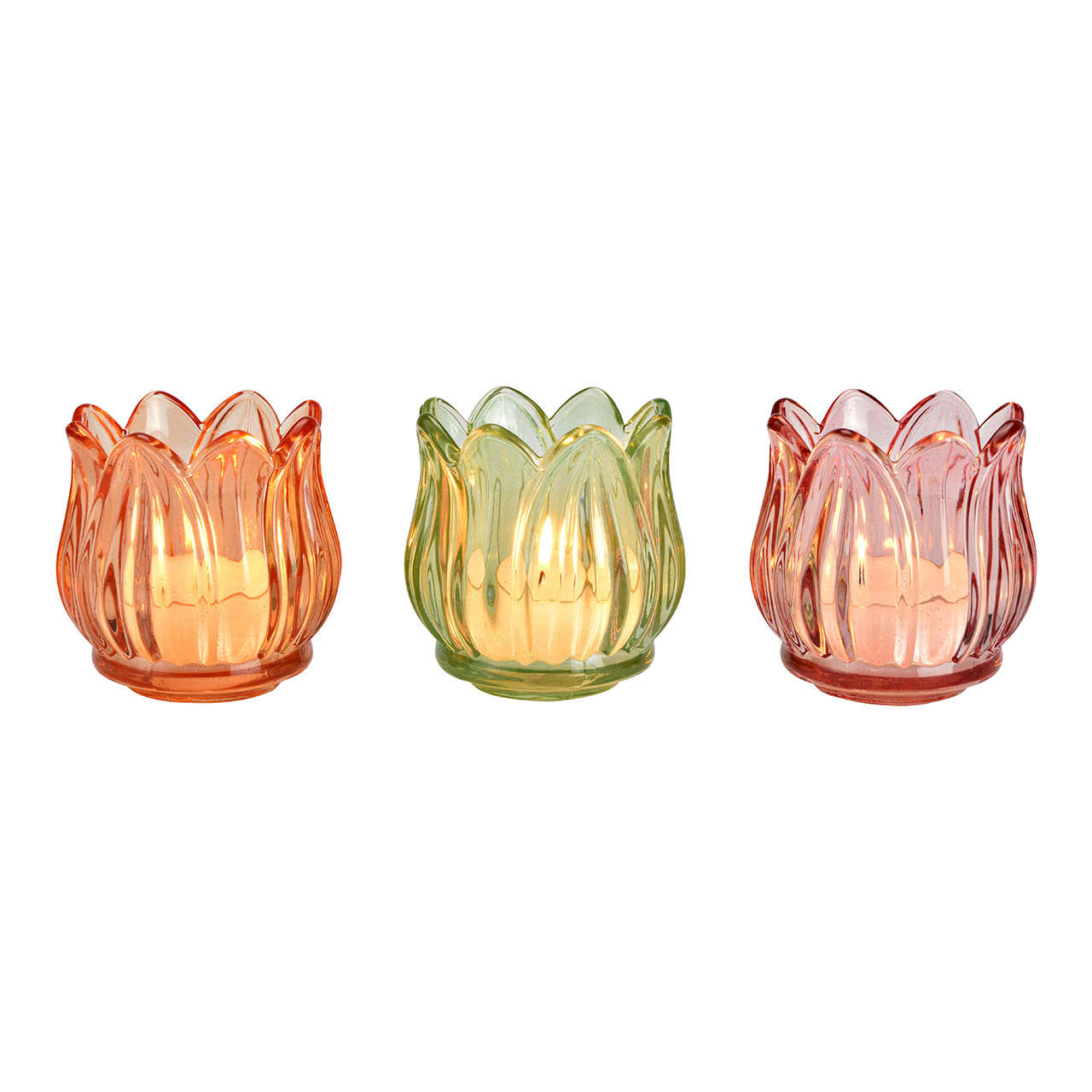 Kleine Windlichter aus Glas in Gruen,  Pink und Apricot