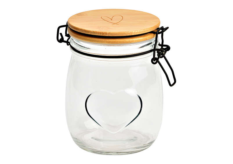 Vorratsglas mit Herz Dekor und Bambusdeckel 700ml