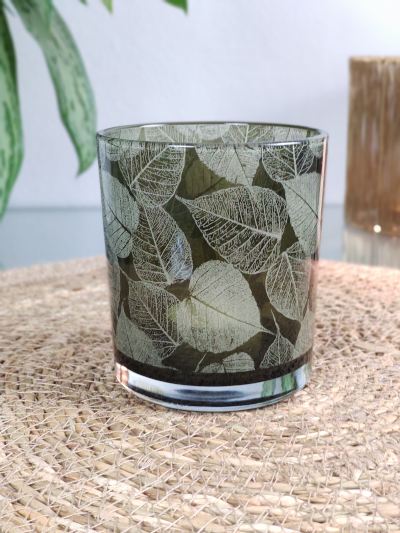 Windlichtglas mit Blätter Dekor