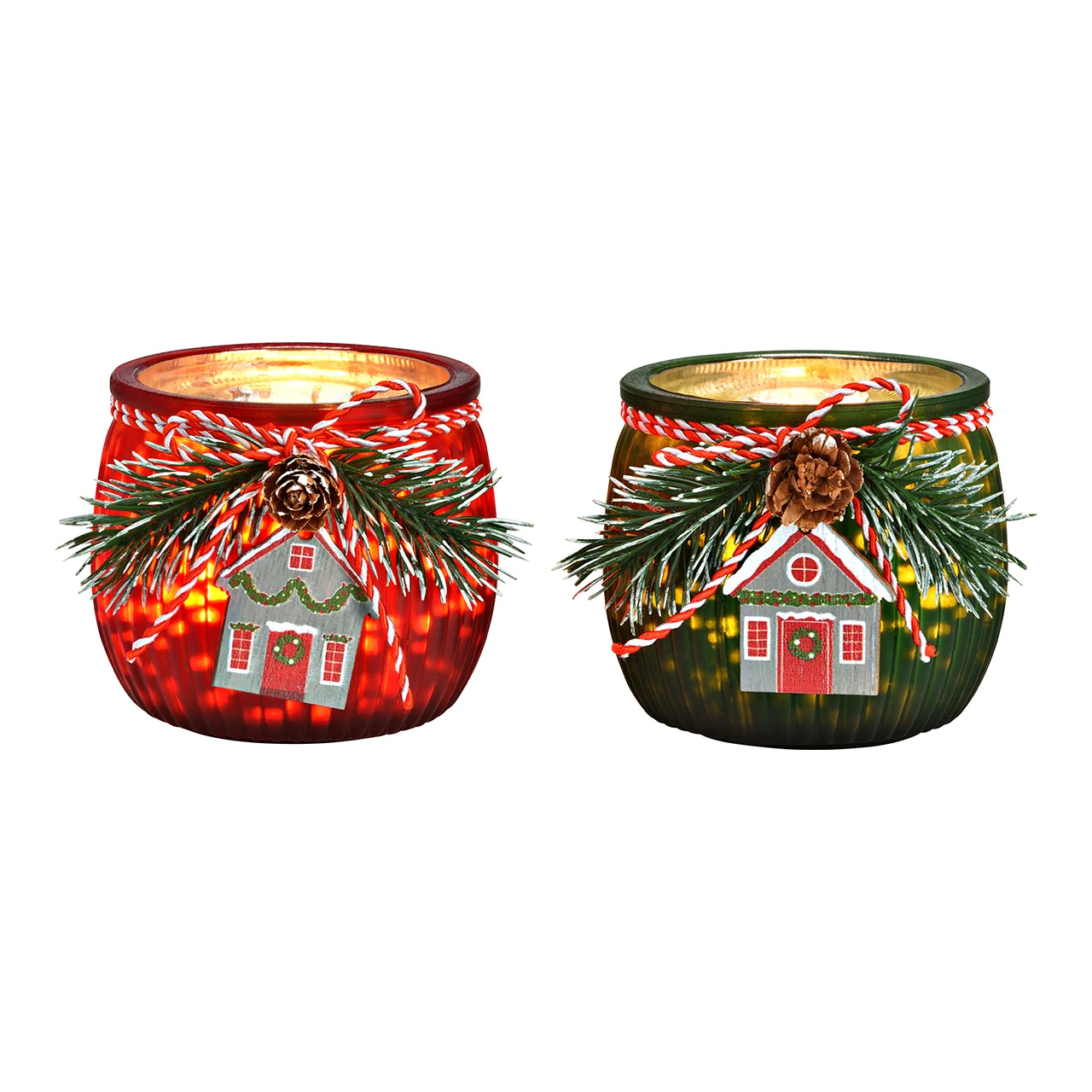 Produktbild Windlichter Windlichter aus Glas mit Tannenzweig und Haus Dekor