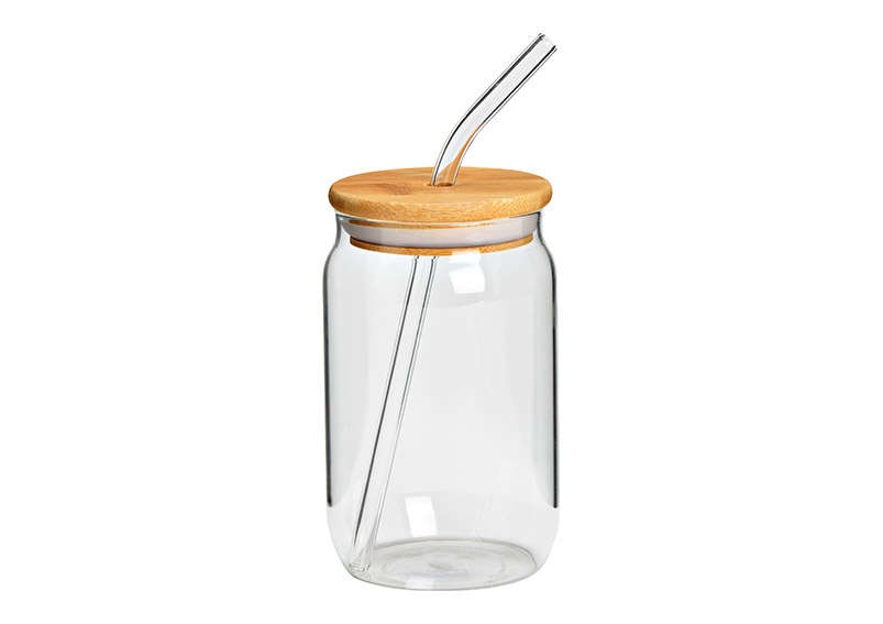 Tringkglas mit Bambusdeckel und Glasstrohhalm 350ml