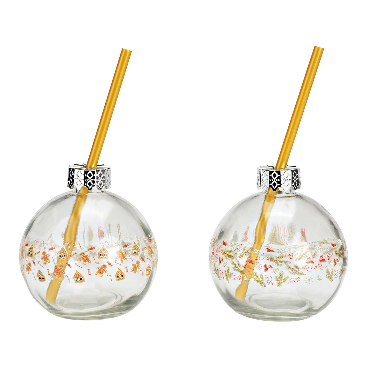 Trinkglas Weihnachtskugel mit Motiv und Strohhalm 2fach