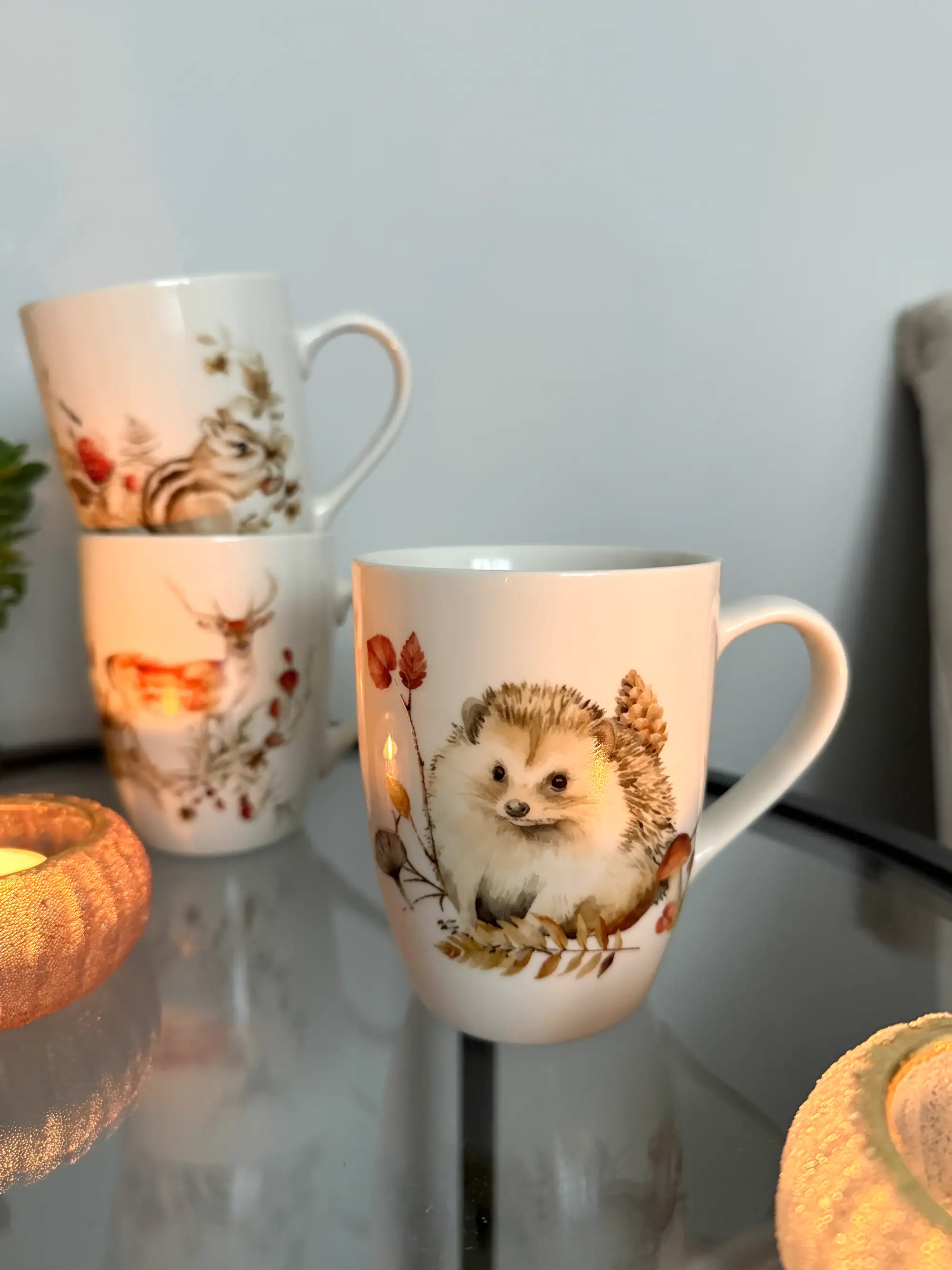 Becher mit Igel, Hirsch und Eichhörnchen Motiv 3er Set