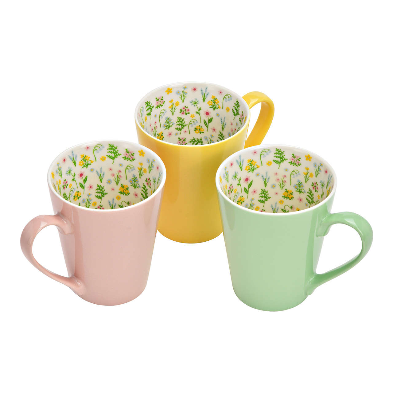 Becher aus Porzellan mit Blumenwiese Motiv in Gruen, Rosa und Gelb